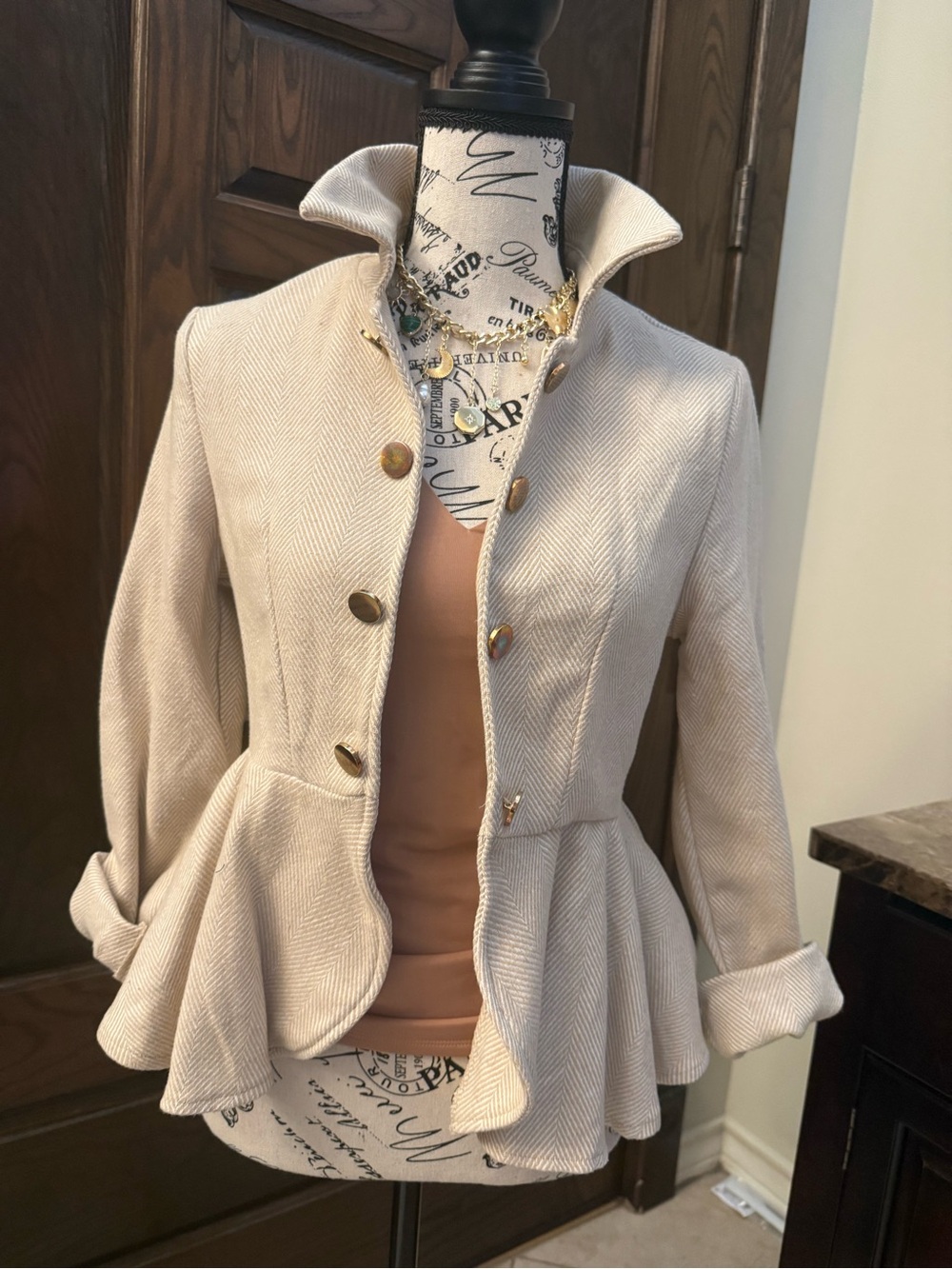 SHEIN Cream Peplum Blazer with Gold Buttons